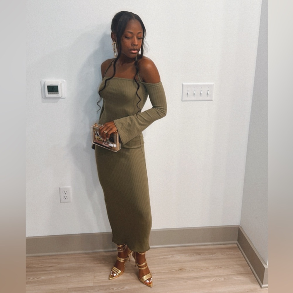 Olive Rib Long Sleeve Square Neck Split Leg Maxi Dress